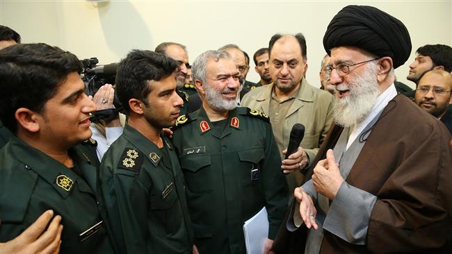 Leader of the Islamic Revolution Ayatollah Seyyed Ali Khamenei receives Rear Admiral Ali Fadavi, commander of the Islamic Revolution Guards Corps (IRGC) Navy (3rd-left), and a group of IRGC naval forc