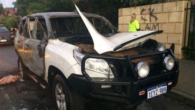 This ABC photo shows a car that exploded outside a mosque in Australia