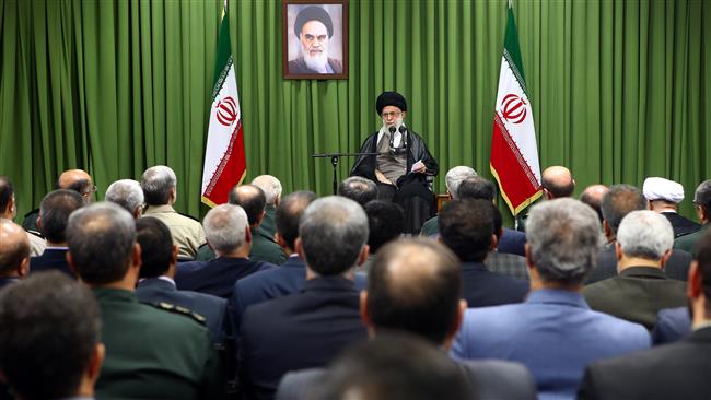 Leader of the Islamic Revolution Ayatollah Seyyed Ali Khamenei talks to a group of top officials and specialists of Iran