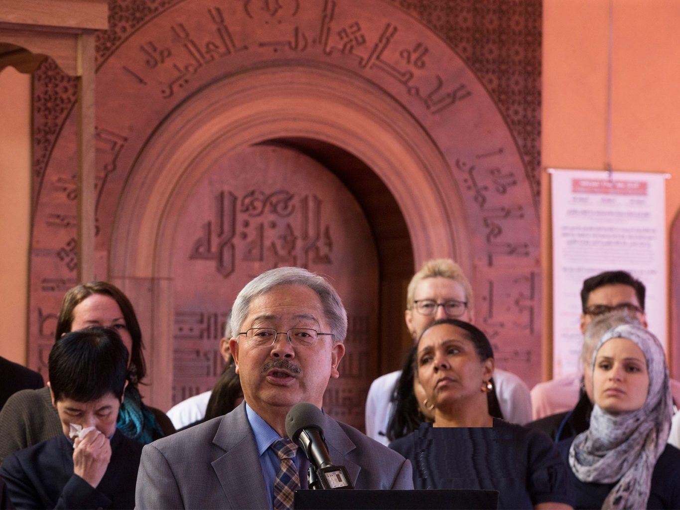 Mayor Ed Lee is joined by community members and immigrants during a news conference at the Islamic Society of San Francisco in the Tenderloin district Friday, January 13, 2017 defending The City’s choice not to participate in any type of registry under the Trump administration