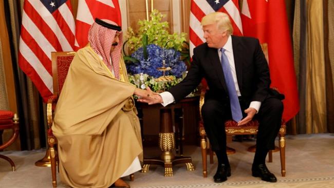 U.S. President Donald Trump, right, holds a bilateral meeting with Bahrain