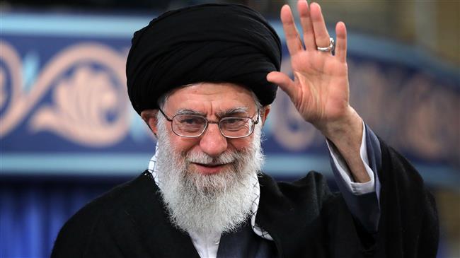 Leader of the Islamic Revolution Ayatollah Seyyed Ali Khamenei waves at a group of people from the northwestern province of East Azarbaijan, in Tehran on February 18, 2018. (Photo by Khamenei.ir)

