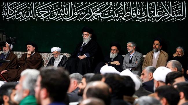 Leader of the Islamic Revolution Ayatollah Seyyed Ali Khamenei and senior Iranian officials pay tribute to Hazrat Fatima (AS) during a ceremony in Tehran on February 19, 2018. (Photo by Fars news agency)
