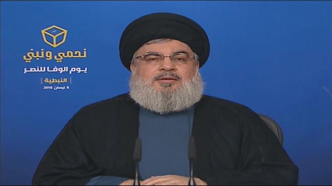 Sectary General of the Lebanese Hezbollah resistance movement, Sayyed Hassan Nasrallah, addresses his supporters via a televised speech broadcast live from the coastal city of Byblos on April 23, 2018.
