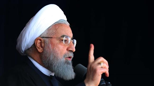 Iran’s President Hassan Rouhani addresses the public at Tabriz’s Takhti Stadium, April 24, 2018.
