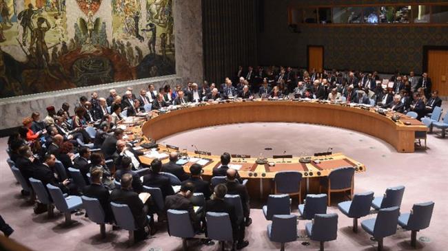The file photo shows a general view of the UN Security Council in session.
