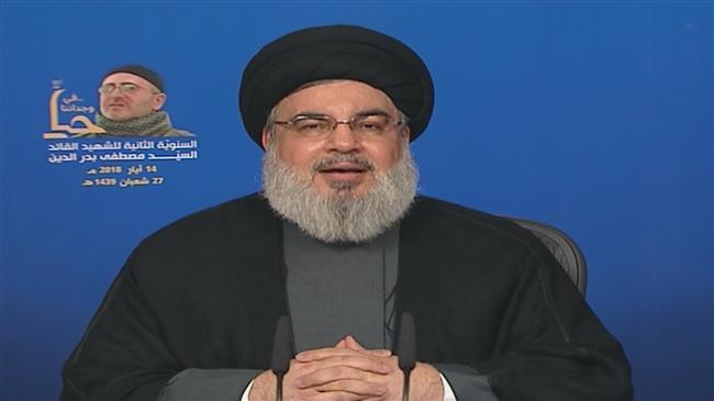 The secretary general of the Lebanese Hezbollah resistance movement, Sayyed Hassan Nasrallah, addresses his supporters via a televised speech broadcast from the Lebanese capital city of Beirut on May 14, 2018.
