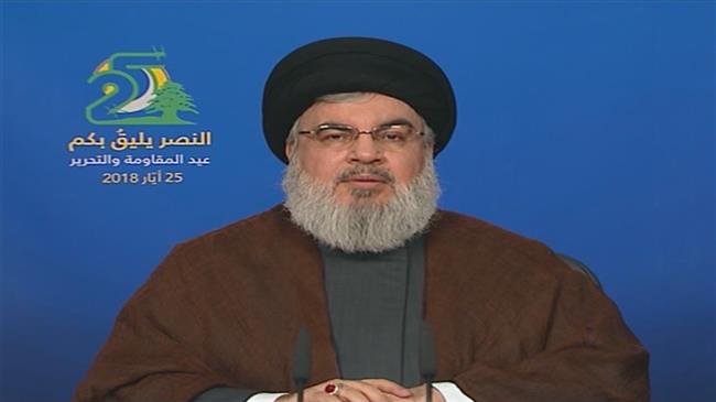 Secretary General of the Lebanese resistance movement, Sayyed Hassan Nasrallah, address his supporters via a televised speech broadcast live from the Lebanese capital city of Beirut on May 25, 2018.
