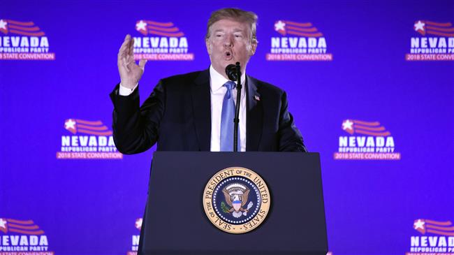 US President Donald Trump addresses the Nevada Republican Party Convention at the Suncoast Hotel & Casino in Las Vegas, Nevada, on June 23, 2018. (Photo by AFP)

