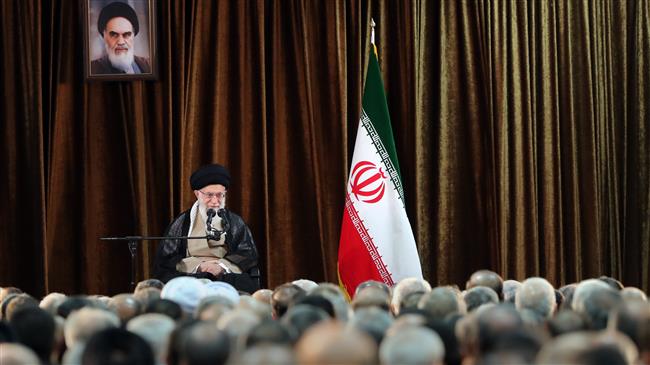 Leader of the Islamic Revolution Ayatollah Seyyed Ali Khamenei speaks at a meeting with ambassadors, chargé d