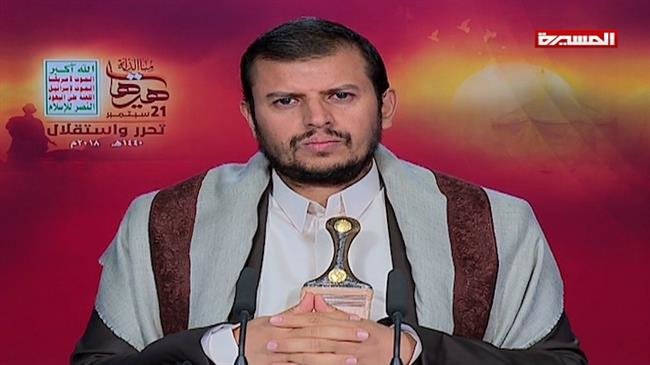 The leader of Yemen’s Houthi Ansarullah movement, Abdul-Malik al-Houthi, addresses his supporters via a televised speech broadcast live from the Yemeni capital Sana’a on September 20, 2018.
