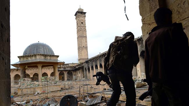 foreign-backed militants inside Umayyad Mosque of Aleppo, Syria