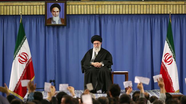 Leader of the Islamic Revolution Ayatollah Seyyed Ali Khamenei delivers an address to the Iranians, Tehran, April 9, 2015