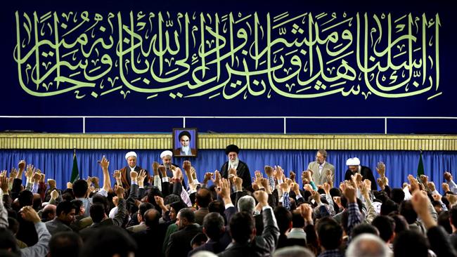 Ayatollah Khamenei addresses a meeting with Iranian officials and ambassadors of Muslim countries in Tehran on May 16, 2015