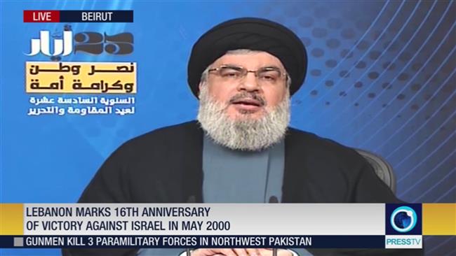 Leader of Lebanese Hezbollah resistance movement addresses people on the occasion of the "Resistance and Liberation Day," which commemorates Israel’s withdrawal from southern parts of the country in ۲۰۰۰.