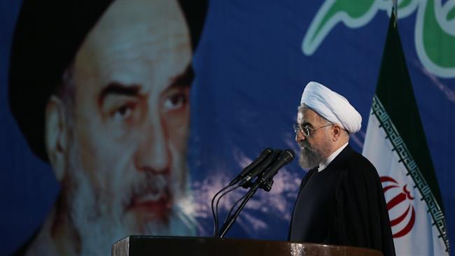 Iran’s President Hassan Rouhani delivers an address at Imam Khomeini’s mausoleum in the capital Tehran on June ۲, ۲۰۱۶, the eve of the late founder of the Islamic Republic’s passing