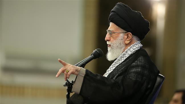 The Supreme Leader of the Islamic Revolution, Ayatollah Sayyed Ali Khamenei, addresses a meeting with families of Iranian military advisers who lost their lives in the fight against terrorists in Syria as well as those killed in a ۱۹۸۱ terrorist bomb attack in Tehran on June ۲۵, ۲۰۱۶.