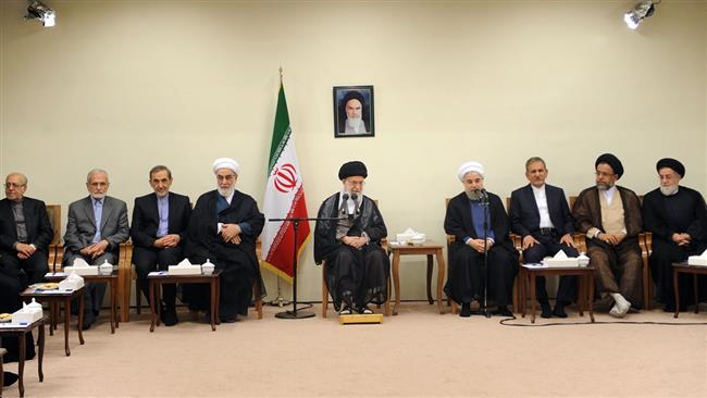 Ayatollah Sayyed Ali Khamenei (C) meets with administration officials on the occasion of the Iranian Government Week, in the capital, Tehran, August 24, 2016.