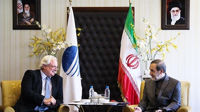 Ali Akbar Velayati (R), a senior advisor to Leader of the Islamic Revolution Ayatollah Seyyed Ali Khamenei, and UN Under-Secretary-General for Humanitarian Affairs Stephen O’Brien meet in Tehran on September 4, 2016. © Tasnim News Agency