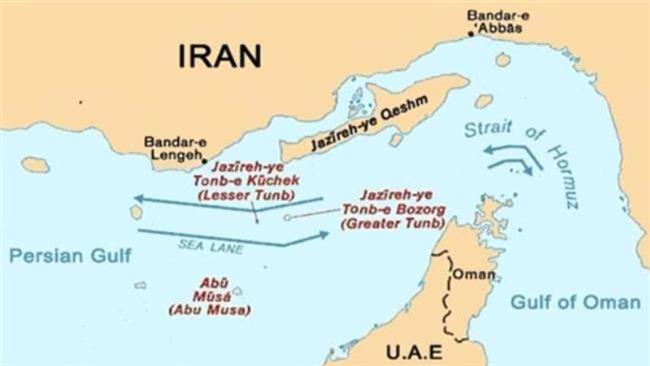 The map shows the location of the three Iranian islands of the Greater Tunb, Lesser Tunb and Abu Musa in the Persian Gulf.
