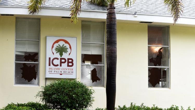 Windows were found broken before dawn at the Islamic Center of Palm Beach, 101 Castlewood Dr. North Palm Beach, on Friday, Dec. 4, 2015. (Maria Lorenzino / Sun Sentinel)

