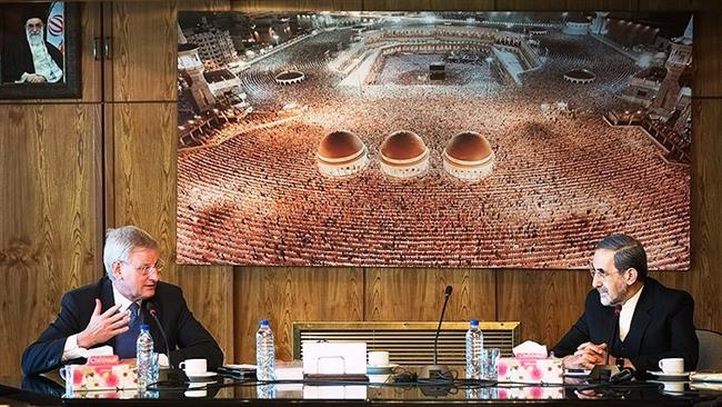 Ali Akbar Velayati, senior adviser to Leader of the Islamic Revolution Ayatollah Seyyed Ali Khamenei (R), and former Swedish Prime Minister Nils Daniel Carl Bildt are seen in Tehran on October 5, 2016.