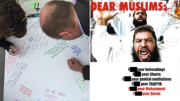Students and staff at the University of Calgary responded by coming together to write messages of support and tolerance after the campus was blanketed with vulgar, anti-Muslim posters, an example of which is seen at right (with one swear word blacked out.) (CBC)

