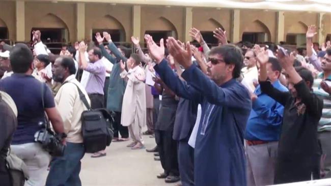 This screenshot from a video published on October 21, 2016, shows Shia Muslims demonstrating in the Pakistani port city of Karachi.
