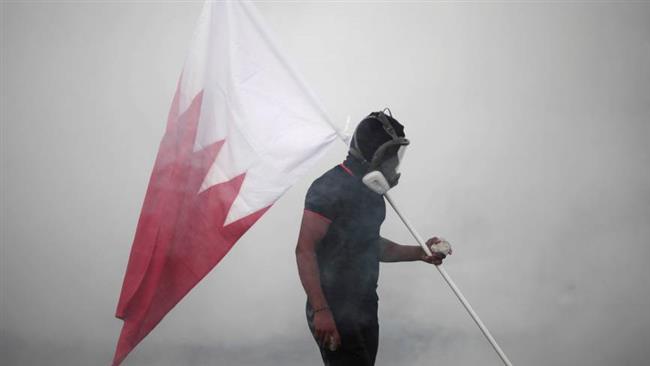 A Bahraini protester carries his country