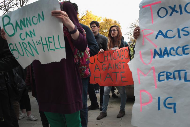 Students at the University of Chicago participate in a walk-out and rally to protest President-elect Donald Trump on Nov. 15, 2016 in Chicago, Illinois