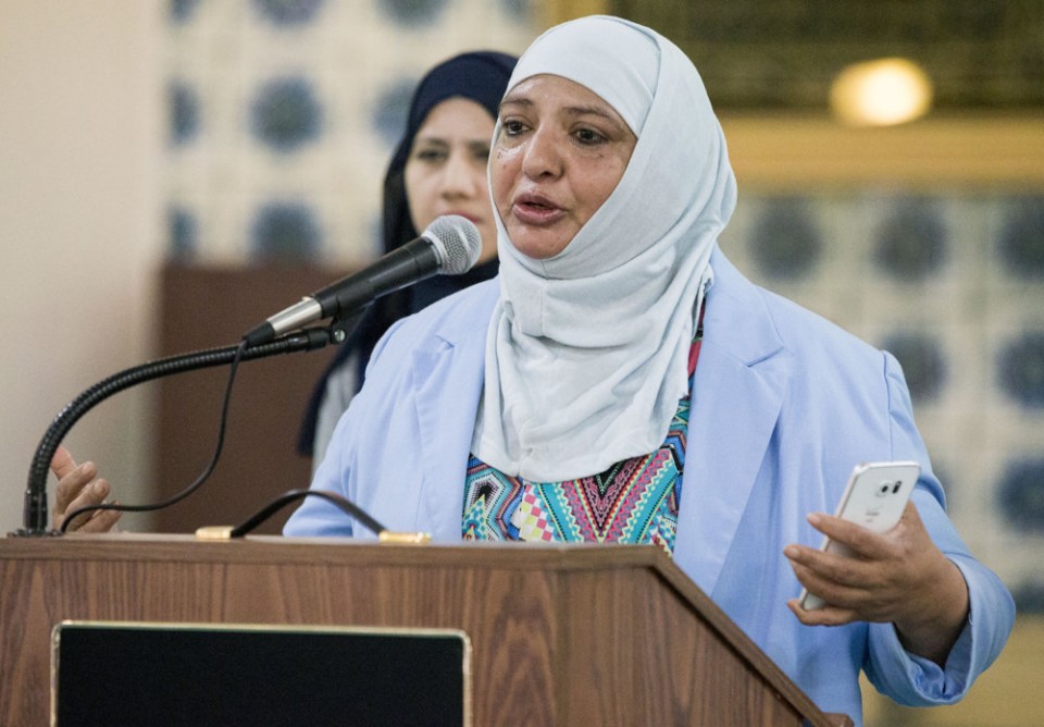 Samia Malik, an elder at the Islamic Society of Greater Harrisburg meets with Pennsylvania state Rep. Patty Kim, D-Harrisburg, and Harrisburg Spokesperson Joyce Davis before a joint press conference, at the Steelton mosque, to condemn a hate letter they recieved last week.