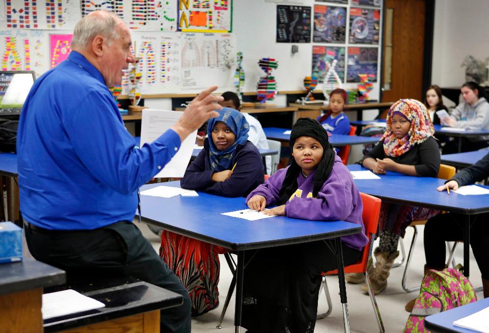 On Jan. 26, 2016, Mike McGraw teaches a biology class at Lewiston High School in Lewiston, Maine. McGraw is also the coach of the varsity soccer team whose undefeated team included players from Somalia, Kenya and Congo.