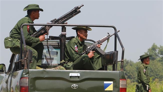 This image, taken on October 16, 2016, shows heavily-armed troops in the town of Maungdaw, in Rakhine.