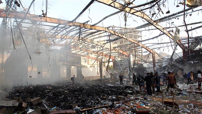 The photo taken on October 8, 2016, shows a general view of destruction following Saudi airstrikes on a funeral hall in the Yemeni capital, Sana