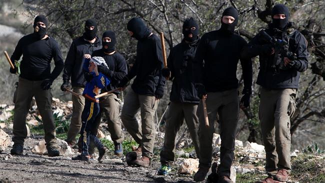 Masked Israeli forces briefly hold a Palestinian boy.