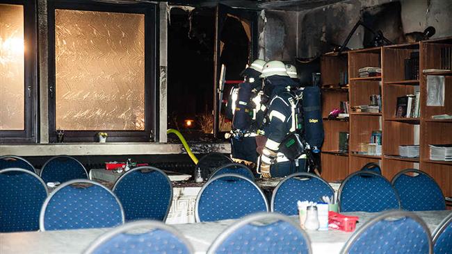 Firefighters investigating the scene inside the Muslim Bosnian center  in the town of Bielefeld, Germany, February 1, 2017. (Twitter photo)
