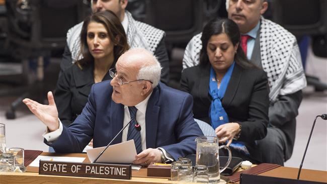 Permanent Observer of the State of Palestine to the UN Riyad Mansour addresses the UN Security Council meeting