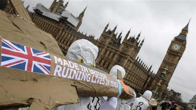 Activists rally in front of the UK Parliament to protest British arms sales to Saudi Arabia. 