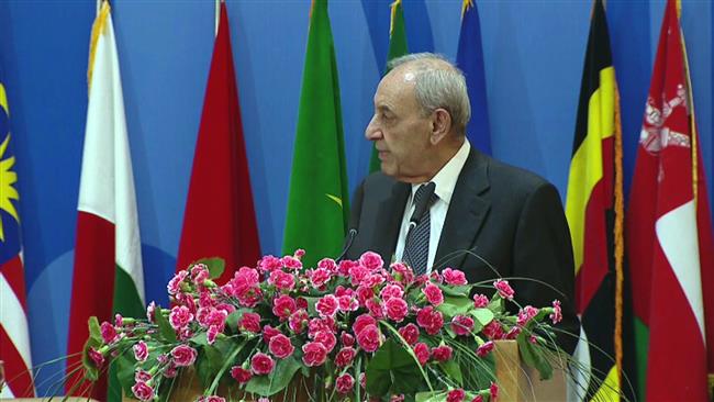 Lebanon’s Parliament Speaker Nabih Berri addresses the 6th International Conference in Support of the Palestinian Intifada (Uprising), in Tehran, February 21, 2017.
