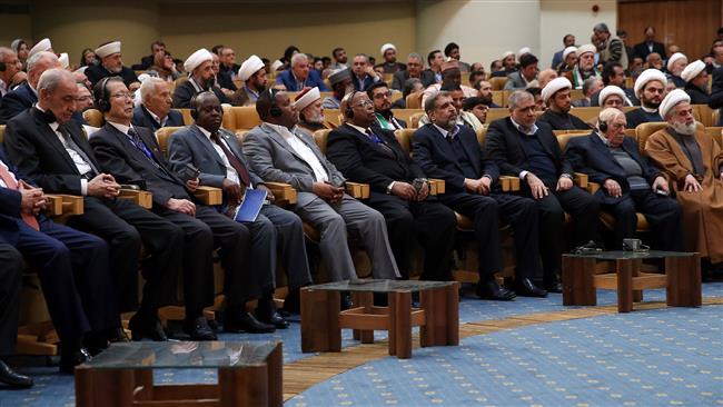 This handout photo provided by the official website of the Center for Preserving and Publishing the Works of Leader of the Islamic Revolution Ayatollah Seyyed Ali Khamenei on February 21, 2017 shows delegations attending a conference on Palestine in Tehran. (Via AFP)
