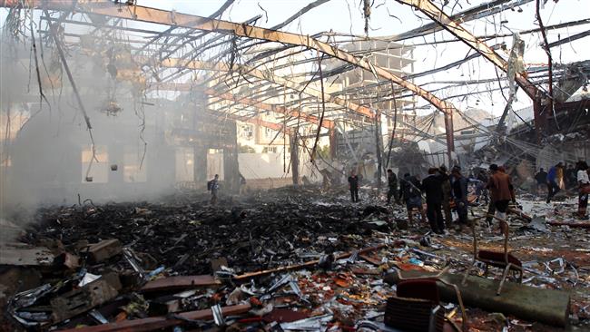 The destruction following Saudi airstrikes on a funeral hall in the capital Sana