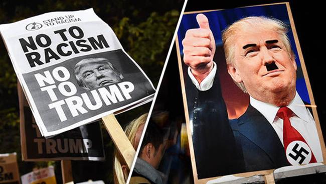 Protesters comparing Donald Trump to Hitler demonstrate outside the US embassy in London.