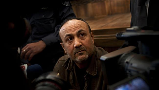 Jailed senior Fatah leader Marwan Barghouti appears at a court in the occupied Jerusalem al-Quds.