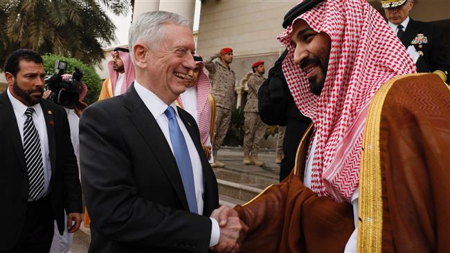 US Defense Secretary James Mattis bids farewell to Saudi Deputy Crown Prince Mohammed bin Salman (C-R) following their meeting in Riyadh on April 19, 2017.
