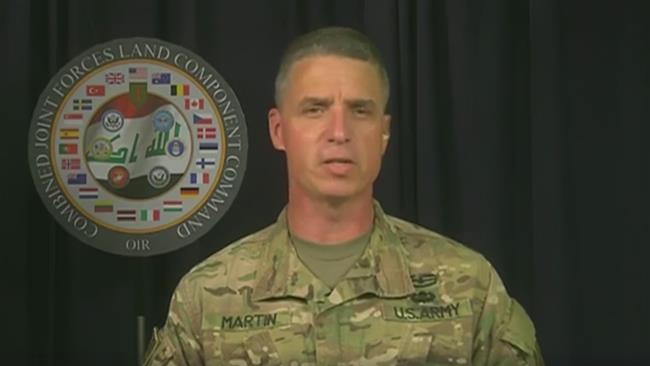 US Army Major General Joseph Martin speaks via video conference from the Iraqi capital of Baghdad on April 19, 2017, confirming that Daesh terrorists launched a chemical attack against Iraqi forces in Mosul four days earlier.
