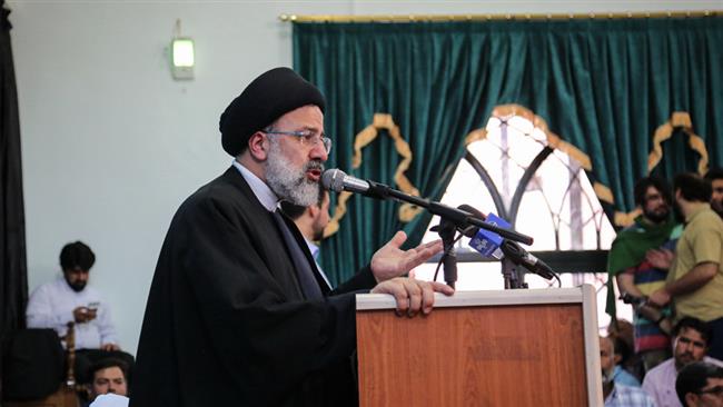 Iranian presidential candidate Ebrahim Raeisi gives a speech during a campaign gathering in Birjand, South Khorasan Province, 25, 2017.