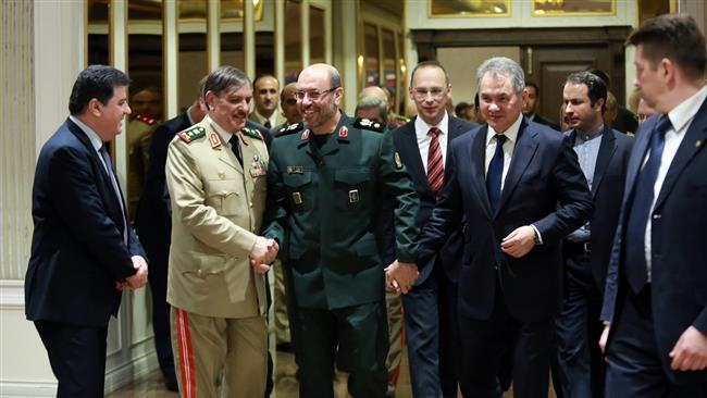 Iranian Defense Minister Brigadier General Hossein Dehqan (C-Front) meets with his Russian and Syrian counterparts, Sergei Shoigu (2nd-R) and Fahd Jassem al-Freij (2nd-L), in Tehran, June 10, 2016. (Photo by IRNA)
