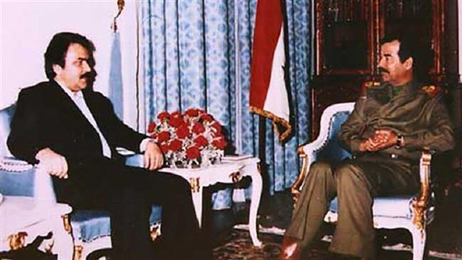 Massoud Rajavi (L), Maryam Rajavi’s husband and the former ringleader of the anti-Iran terrorist group, Mujahedin-e Khalq Organization (MKO), meeting with the executed Iraqi dictator Saddam Hussein. (File photo)
