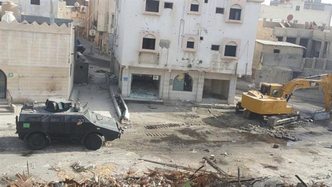 This photo shows armored vehicles and equipment used in an attack by Saudi forces on the al-Masoura neighborhood of al-Awamiyah in Saudi Arabia’s Eastern Province on May 10, 2017.
