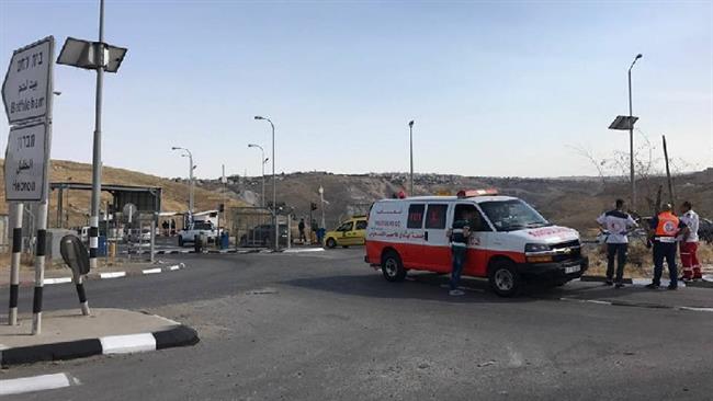 This photo shows the aftermath of an alleged stabbing attack at Container checkpoint northeast of Bethlehem in the occupied West Bank on May 22, 2017. (Photo by Quds Net News Agency)
